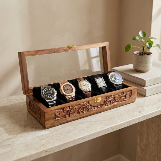 5 Watches – Carving – Glass Top – Black – Hard Pillows