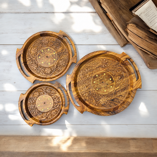 Wooden Gol Tray Set – Carving – 3 Pieces