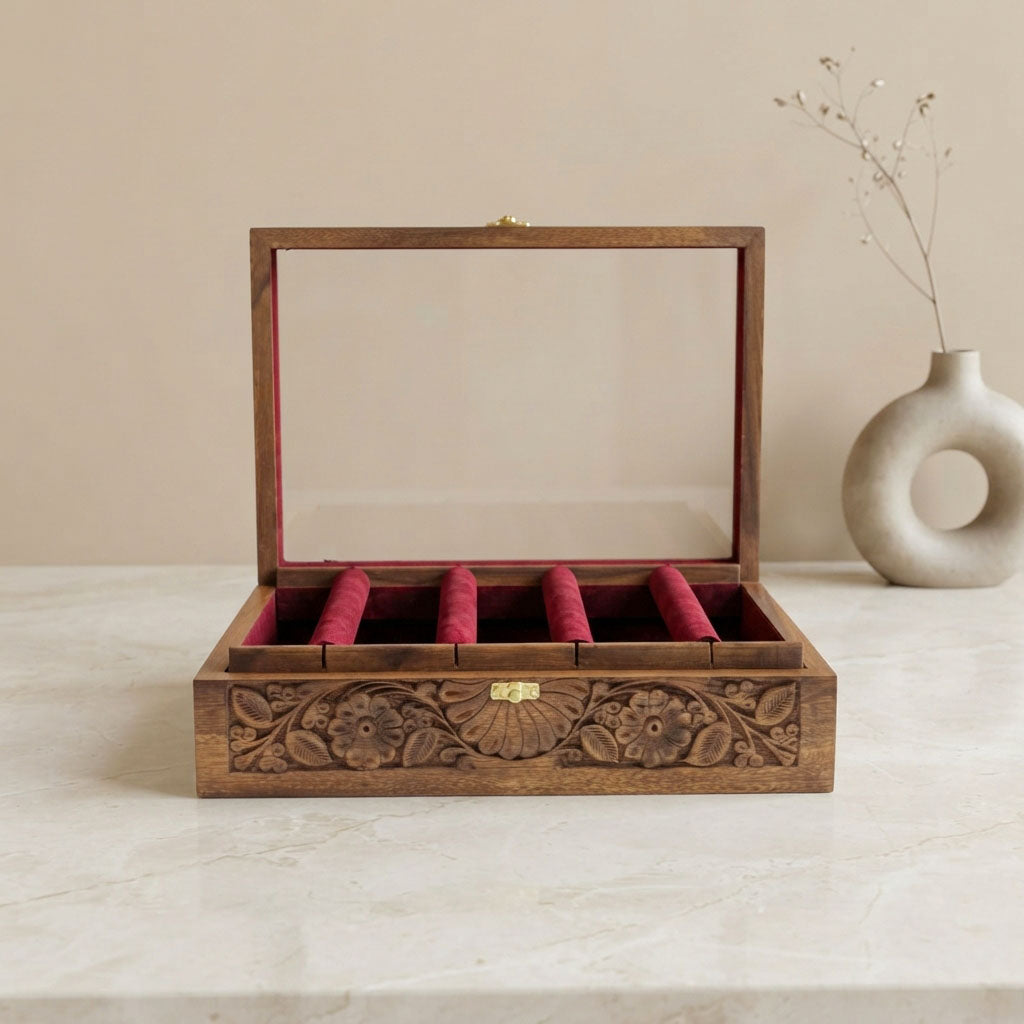Bangle Box – Carving – Glass Top Maroon