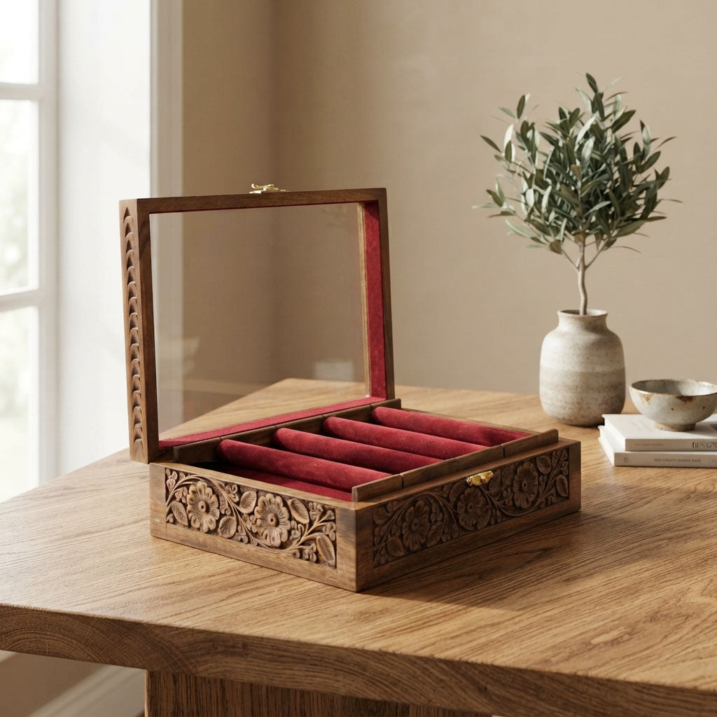 Bangle Box – Carving – Glass Top Maroon