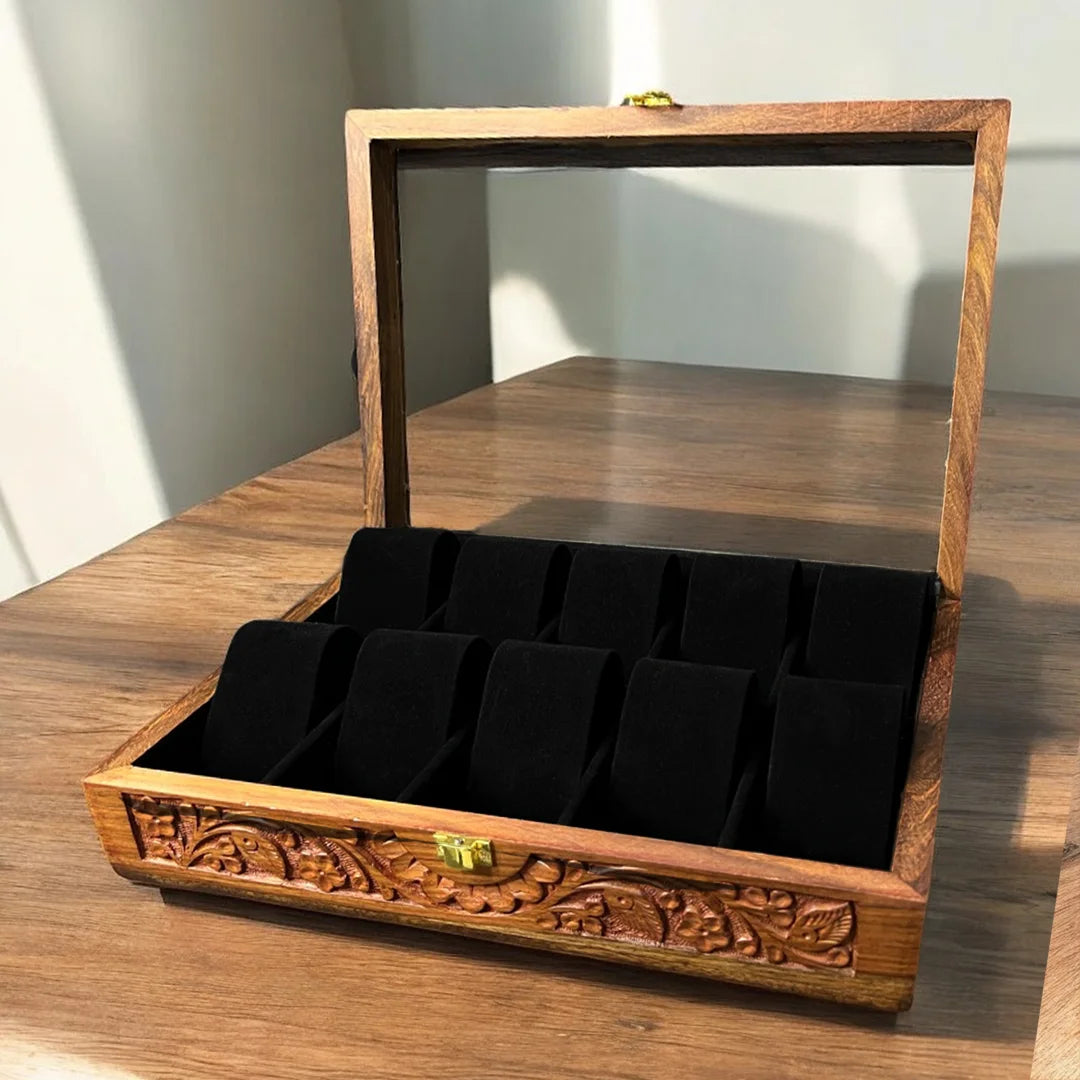 10 Watches – Carving – Glass Top – Black – Hard Pillows