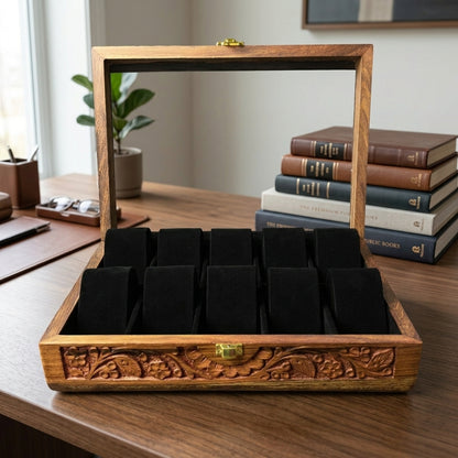 10 Watches – Carving – Glass Top – Black – Hard Pillows