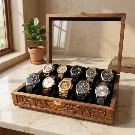10 Watches – Carving – Glass Top – Black – Hard Pillows