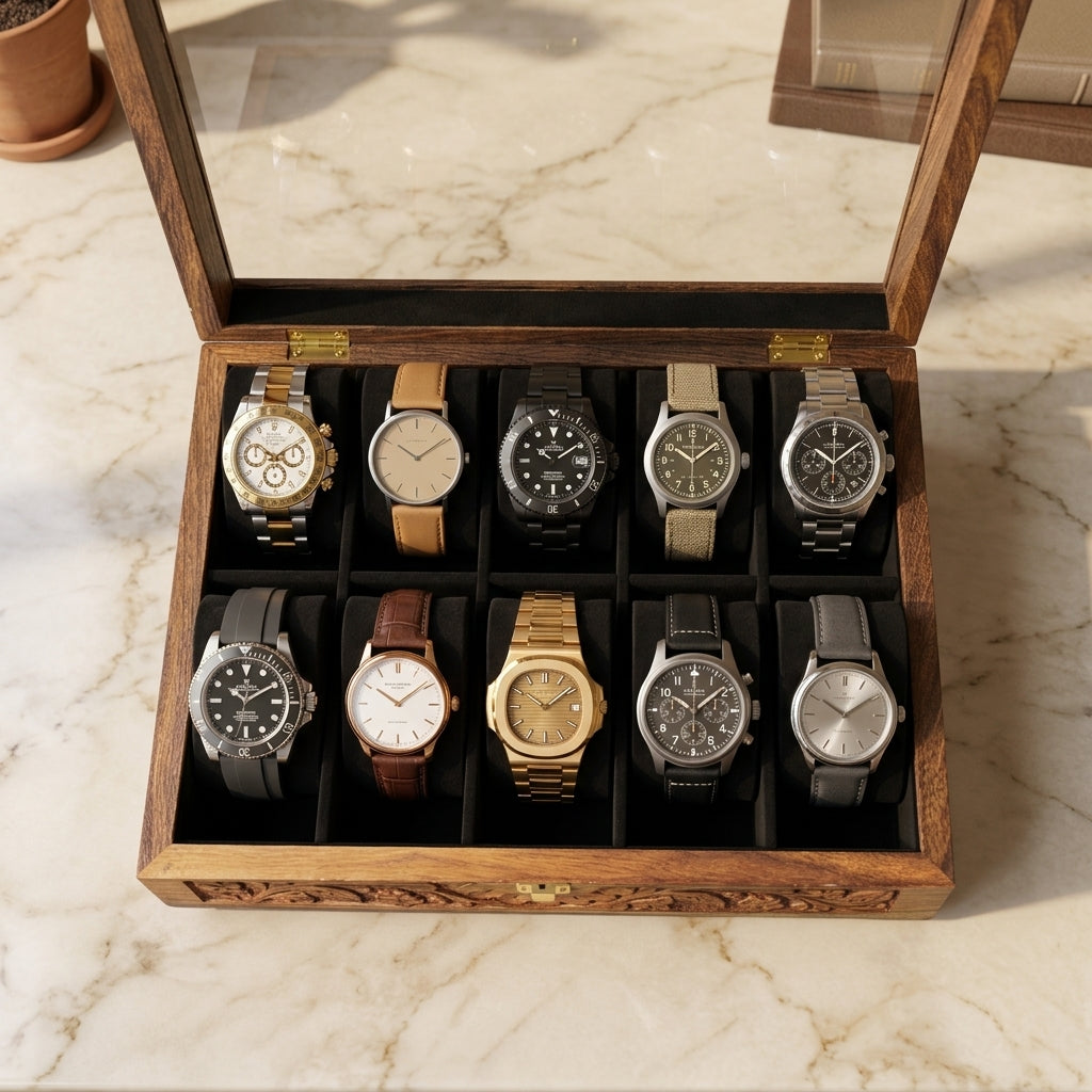 10 Watches – Carving – Glass Top – Black – Hard Pillows