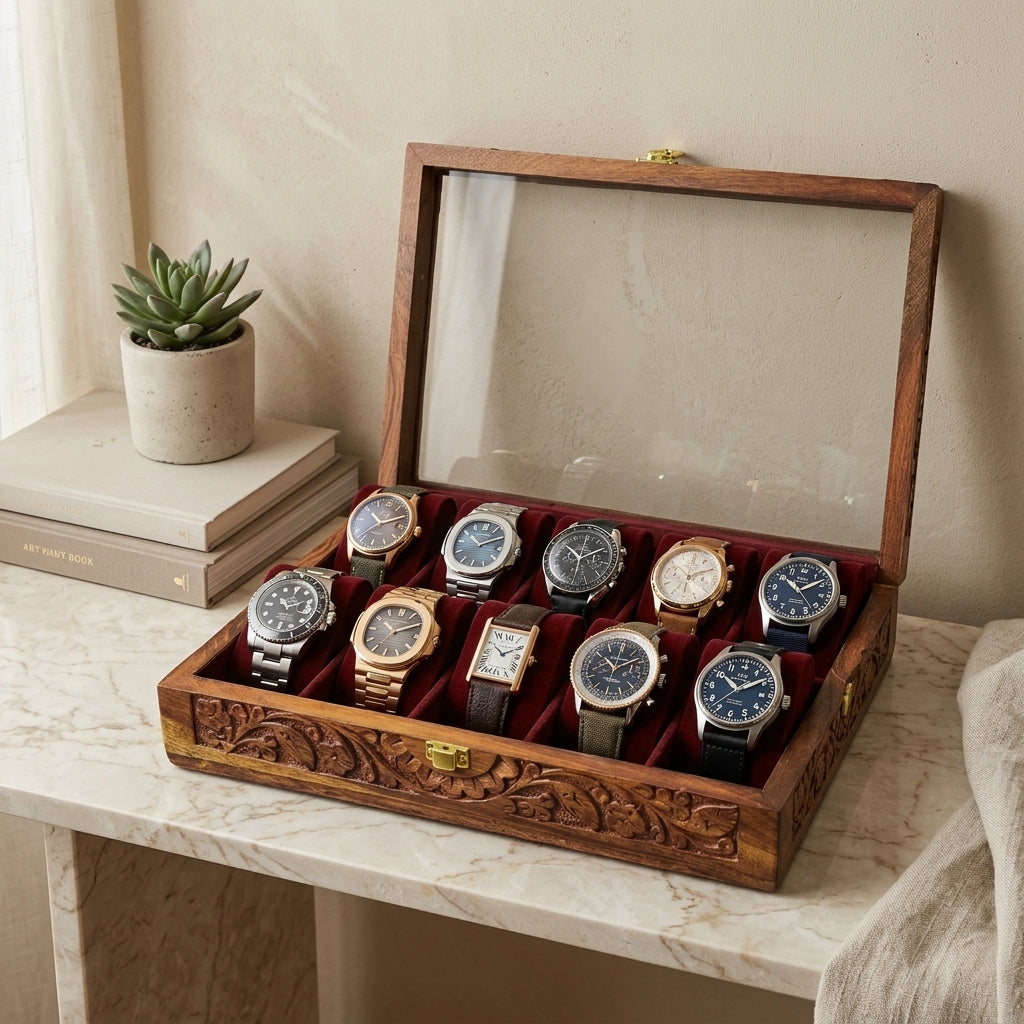 10 Watches – Carving – Glass Top – Hard Pillows