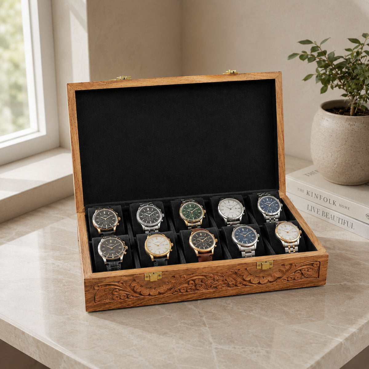 10 Watches – Carving – Wood Top – Hard Pillows Black