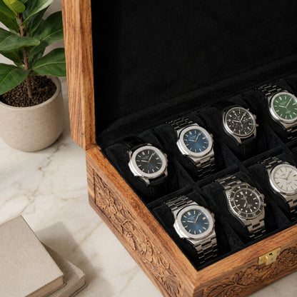10 Watches – Carving – Wood Top – Hard Pillows Black