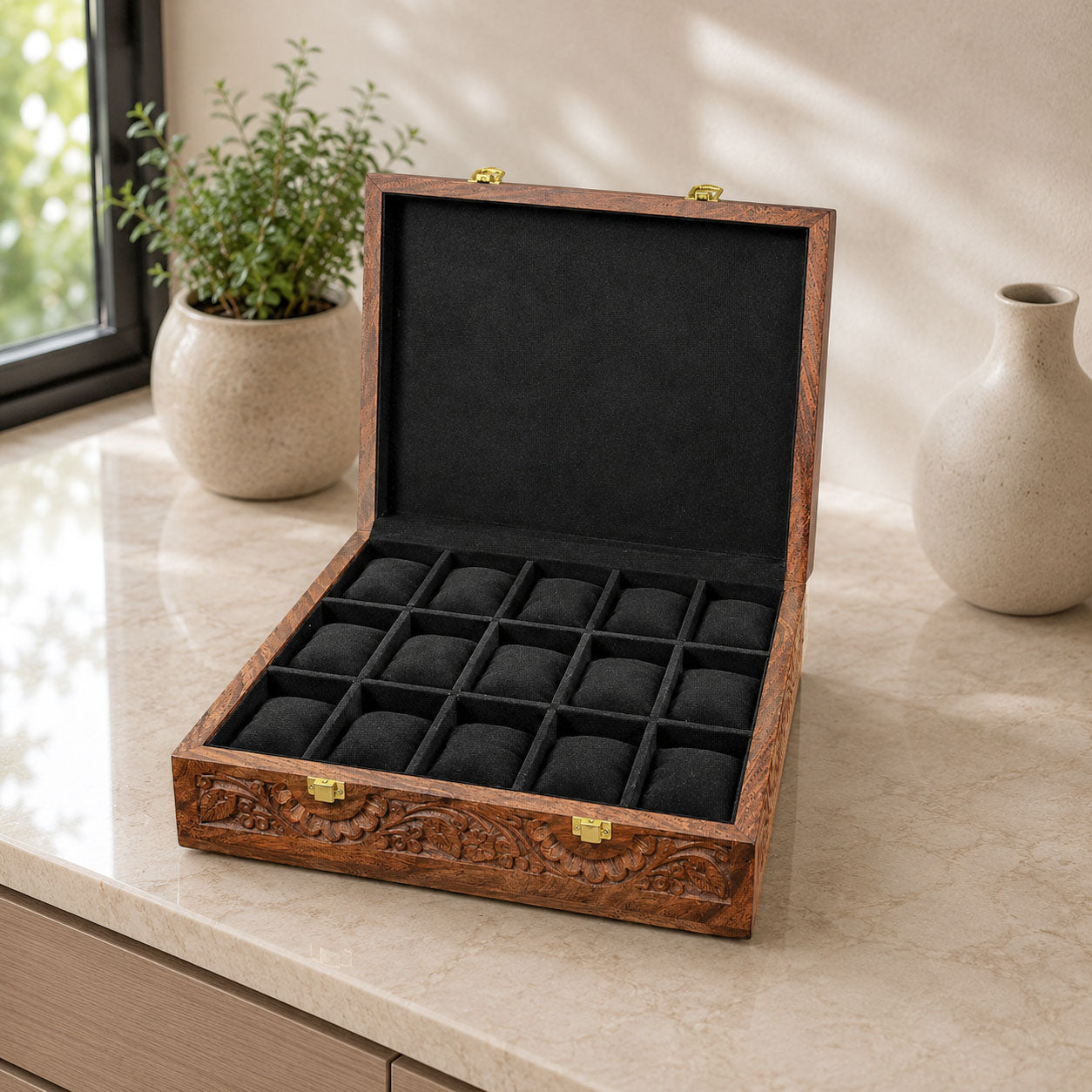 15 Watches – Carving – Wood Top – Black