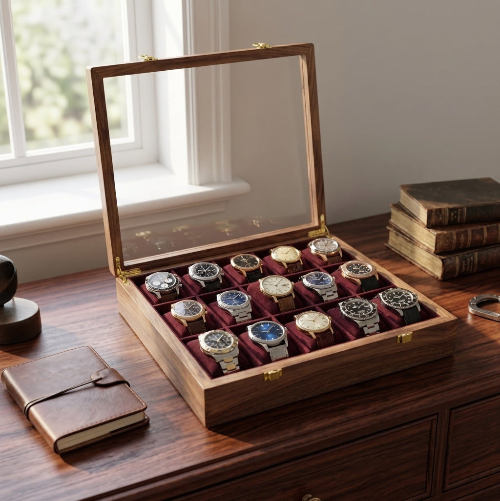 15 Watches – Golden Hinge – Glass Top