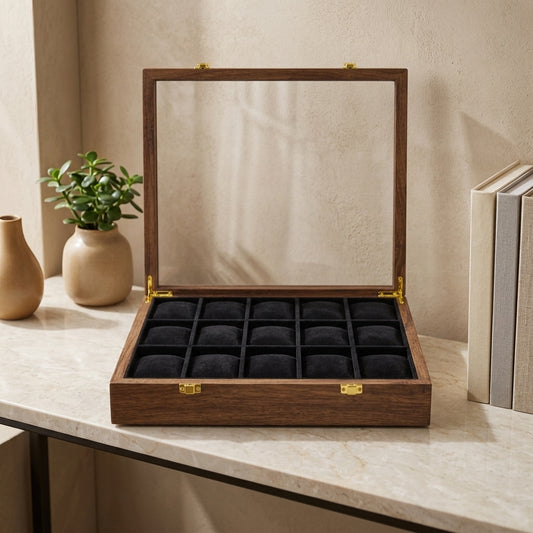 15 Watches – Golden Hinge – Glass Top – Black