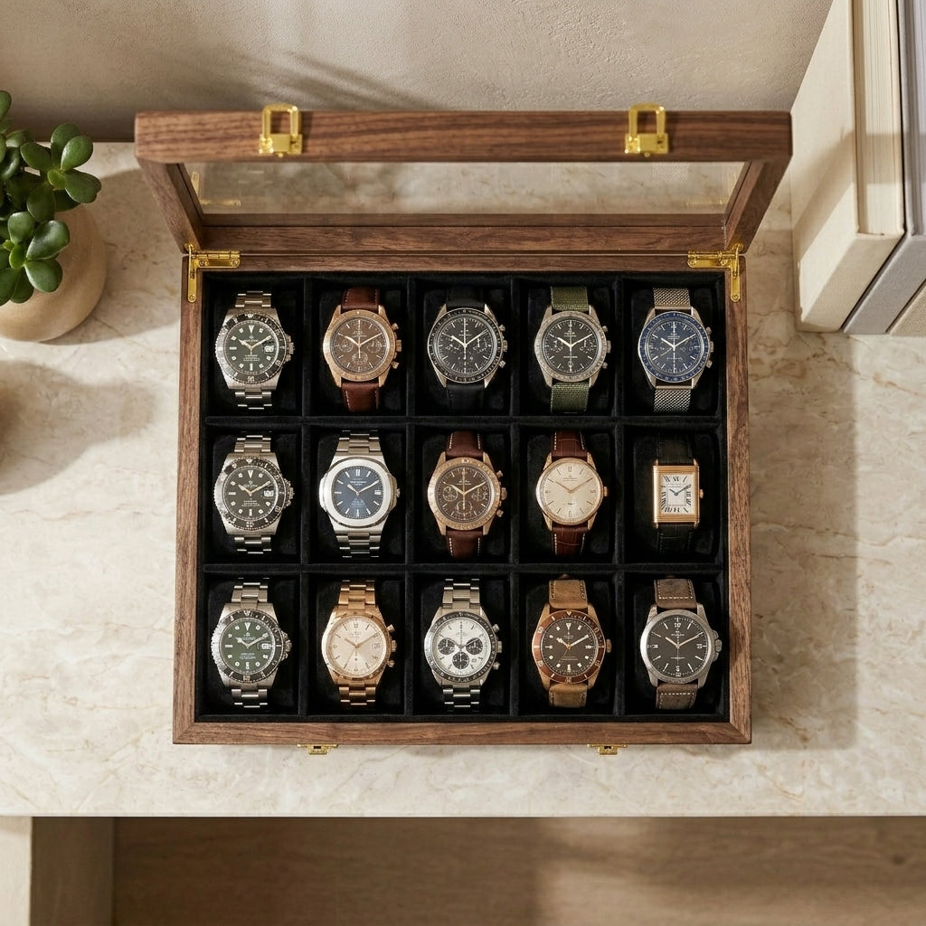 15 Watches – Golden Hinge – Glass Top – Black