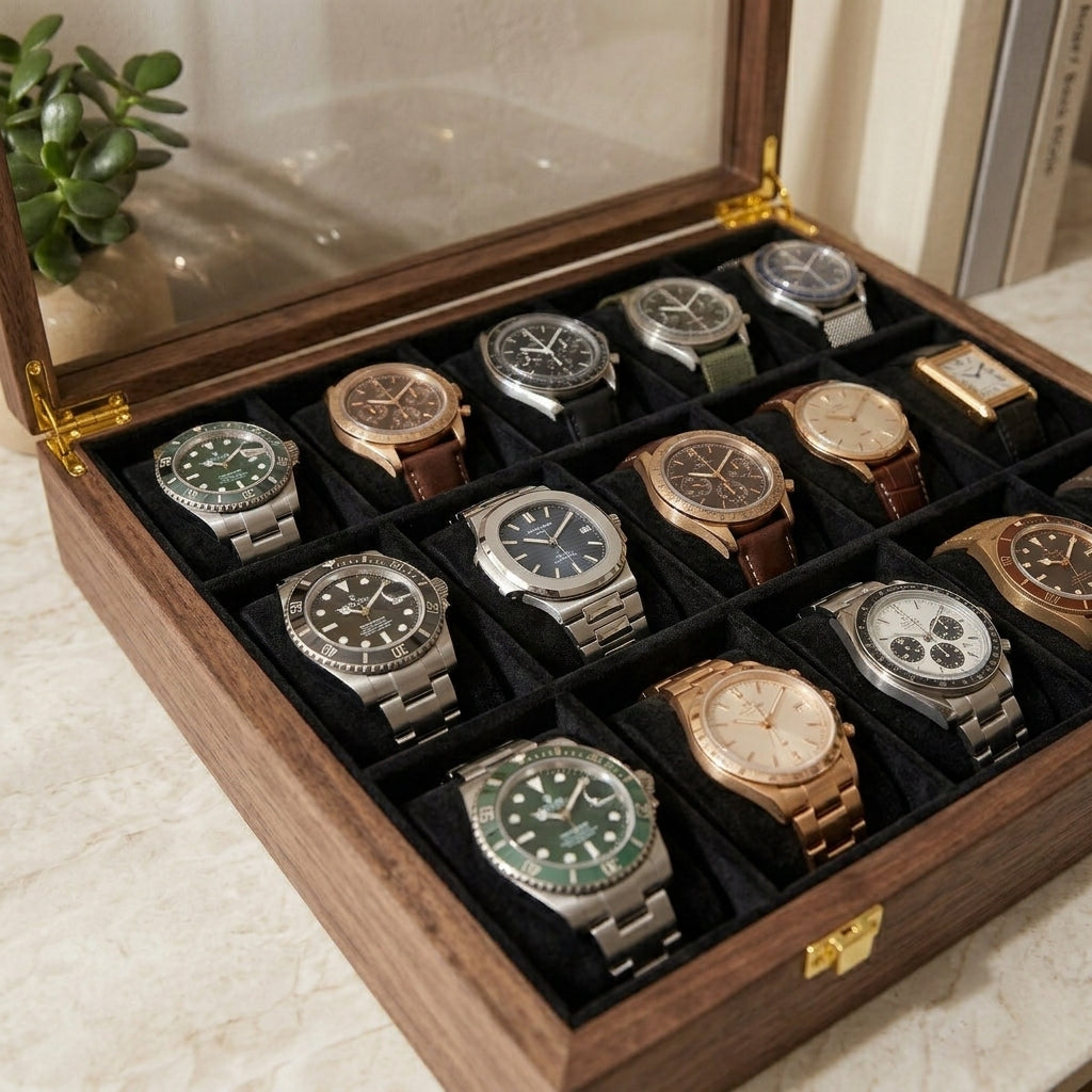 15 Watches – Golden Hinge – Glass Top – Black