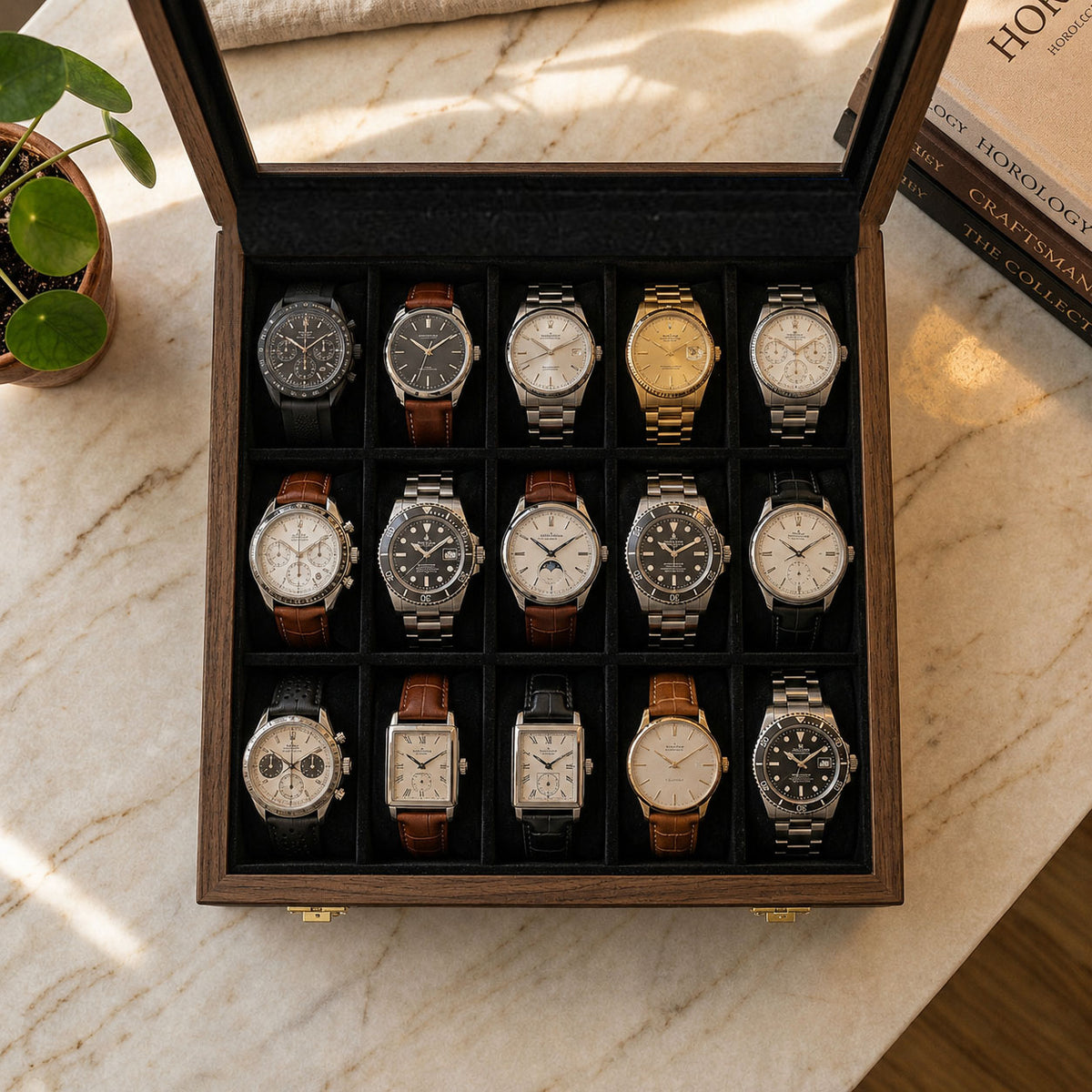 15 Watches – Plain – Glass Top – Black