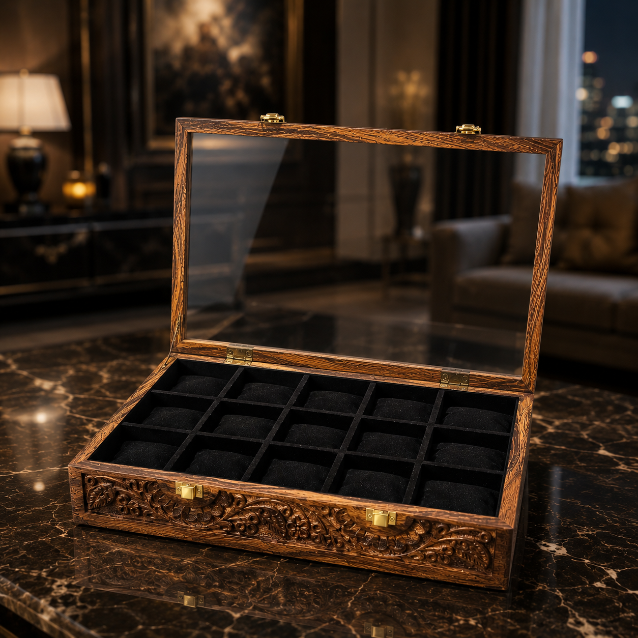 15 Watches – Carving – Glass Top – Black