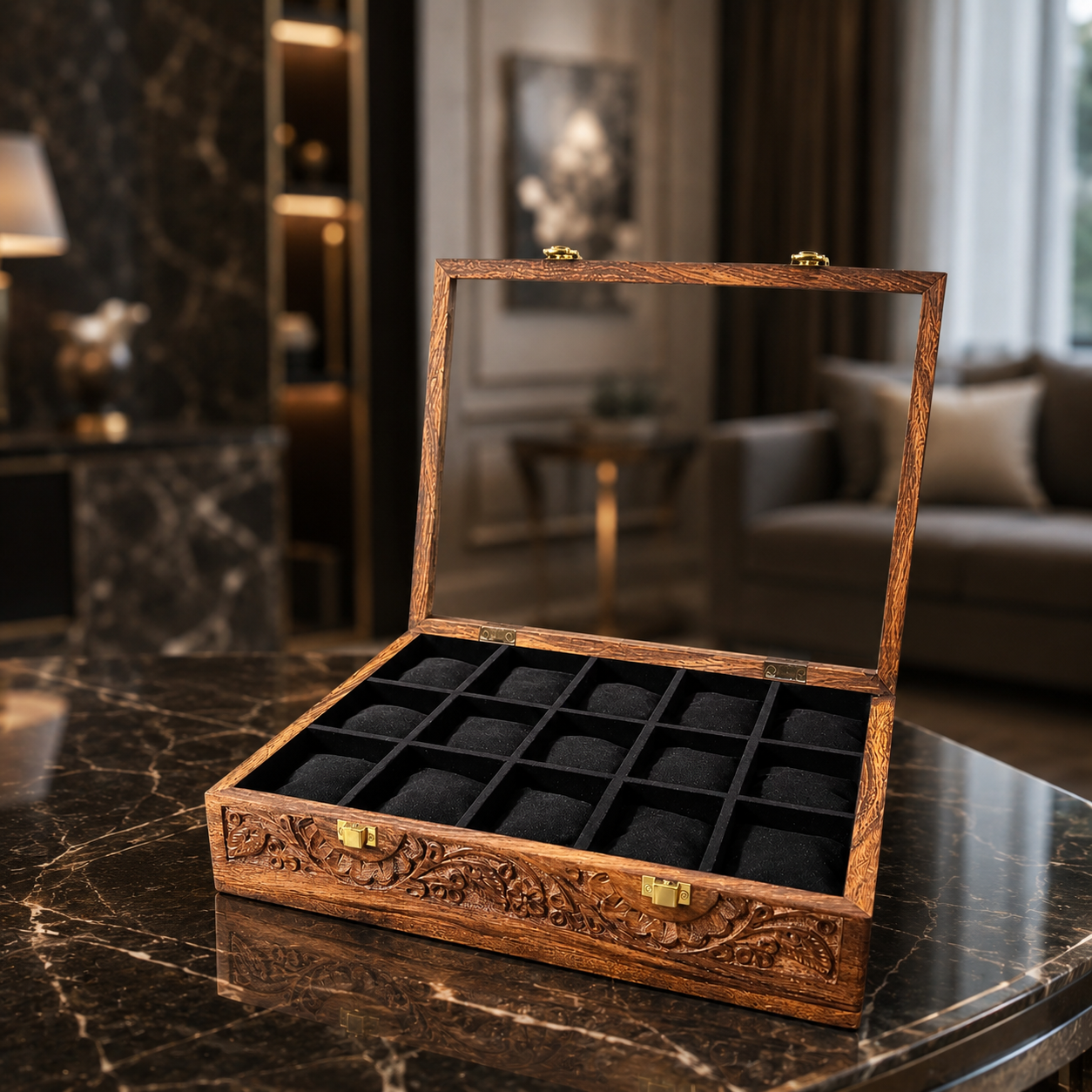 15 Watches – Carving – Glass Top – Black