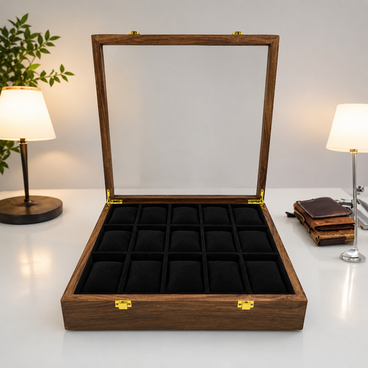 15 Watches – Golden Hinge – Glass Top – Black