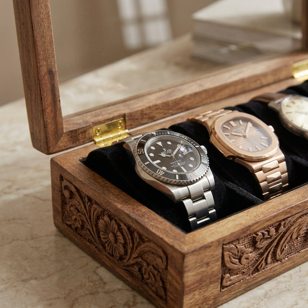 5 Watches – Carving – Glass Top – Black – Hard Pillows