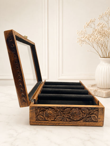 Bangle Box – Carving – Glass Top - Black