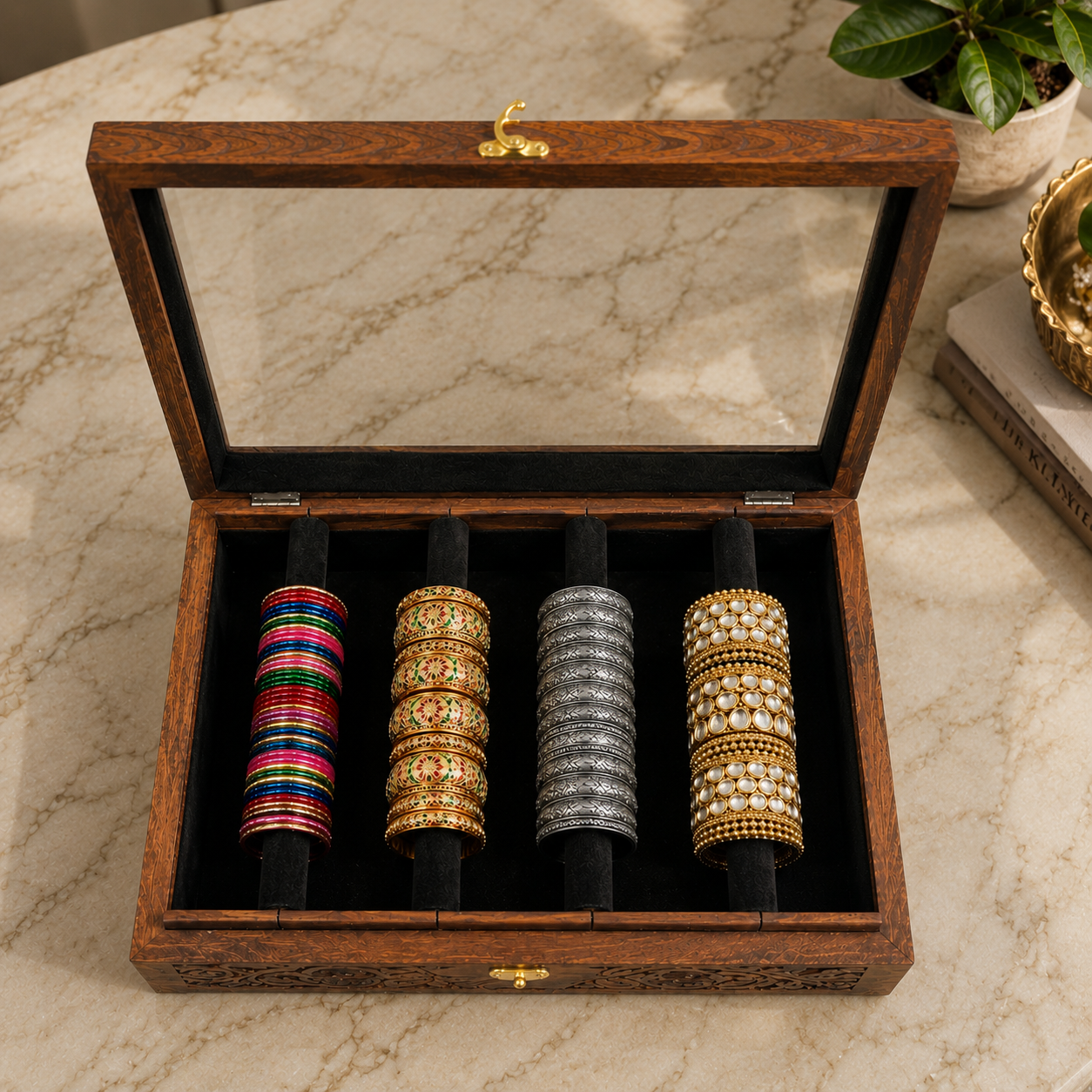Bangle Box – Carving – Glass Top - Black