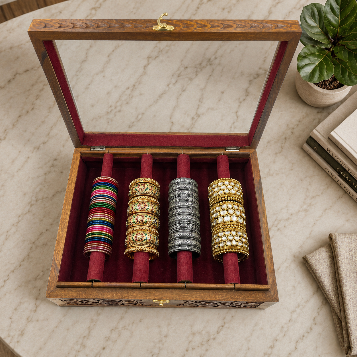 Bangle Box – Carving – Glass Top Maroon