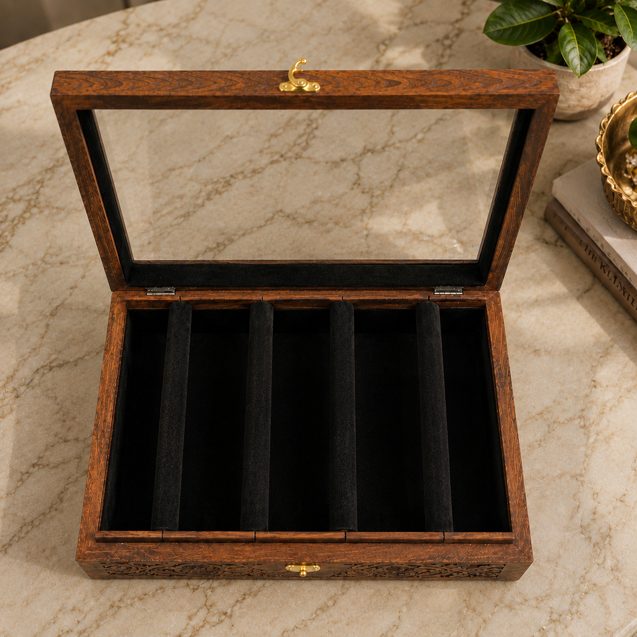 Bangle Box – Carving – Glass Top - Black