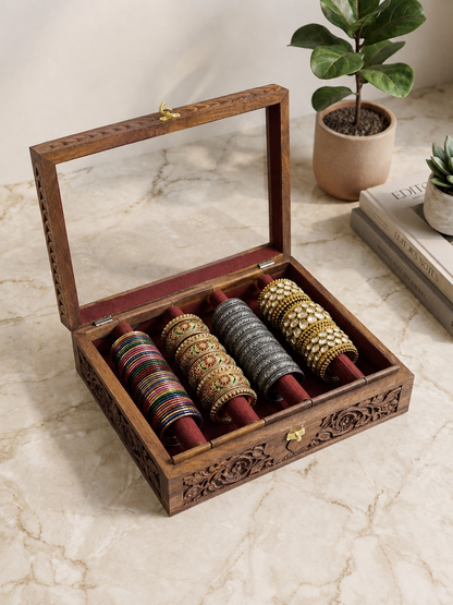 Bangle Box – Carving – Glass Top Maroon