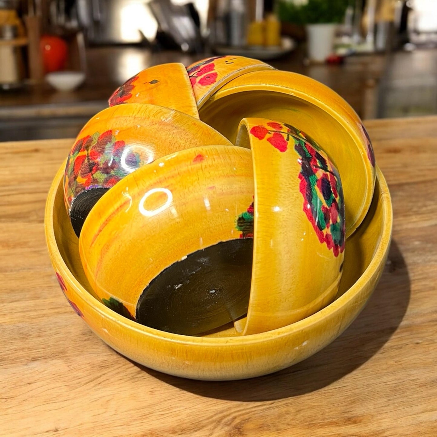 Painted Wooden Bowl Set – 7 Pieces