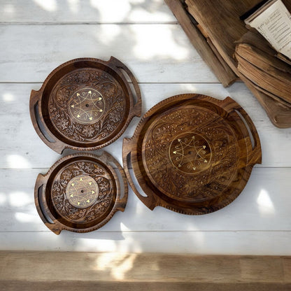 Wooden Tray Set – Carving – 3 Pieces
