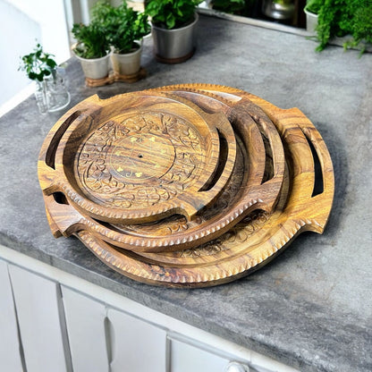 Wooden Tray Set – Carving – 3 Pieces