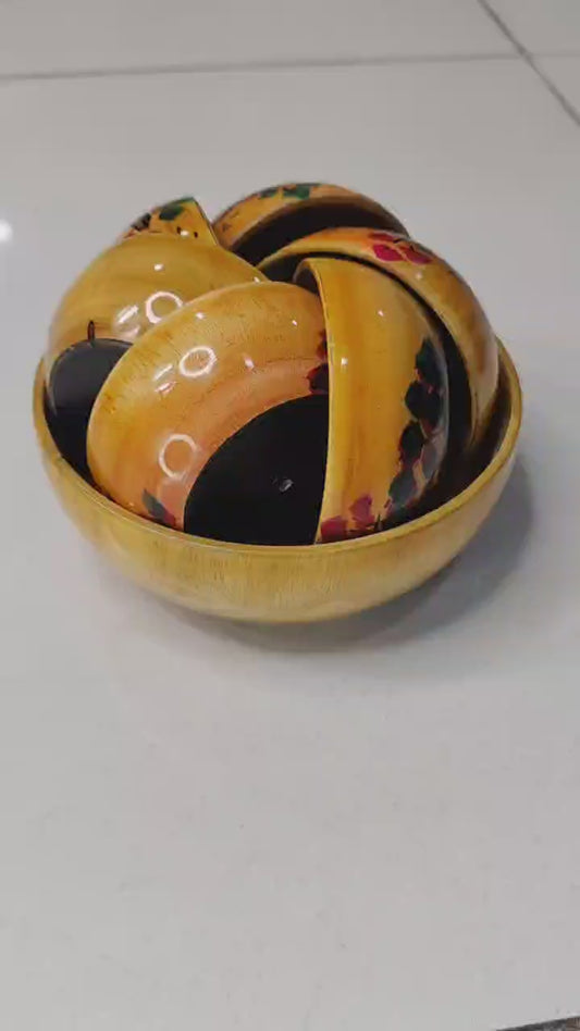 Painted Wooden Bowl Set – 7 Pieces